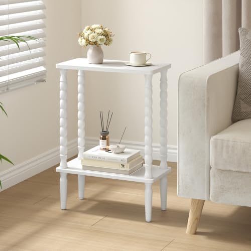 TUTOTAK Narrow Side Table with Solid Wood Legs, 2-Tier Small End Table