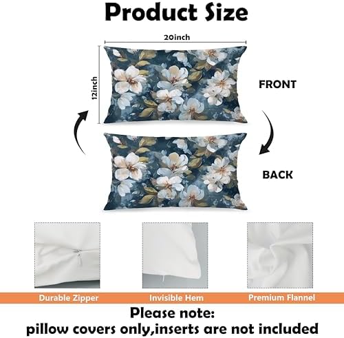 Vintage White Magnolia Floral Pillow Cover 12x20, Navy Blue Moody Cottagecore Wildflower Botanical Decorative Lumbar Pillow Cover for Couch Bed Living Room Bedroom