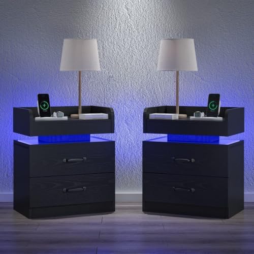 4ever2buy Black Nightstand Set of 2 with Charging Station and LED Lights