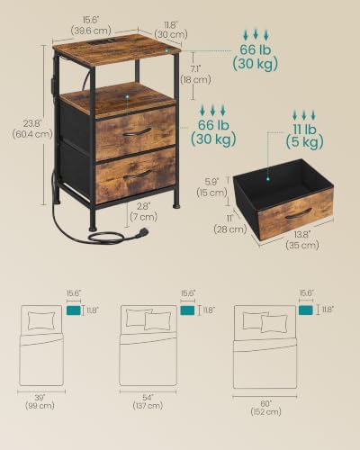 SONGMICS Nightstand with Charging Station, 2 Fabric Drawers