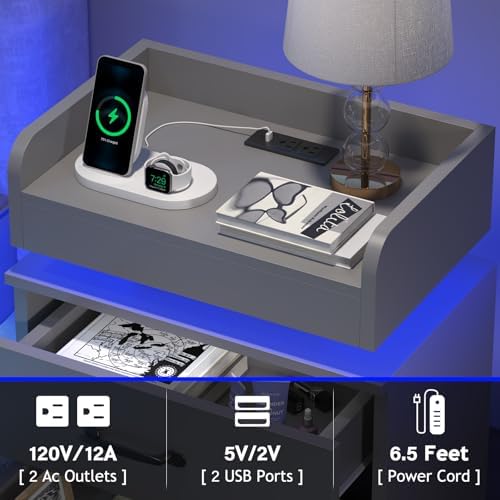 4ever2buy Grey Nightstand Set of 2 with Charging Station and LED Lights