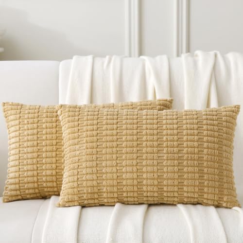 2 Pack Corduroy Decorative Throw Pillow with Inserts, 18x18 Inch Soft Boho Throw Pillow, Square Striped Throw Pillows for Couch, Bed, Sofa Decor (Golden Brown, 12" x 20" (with Inserts))