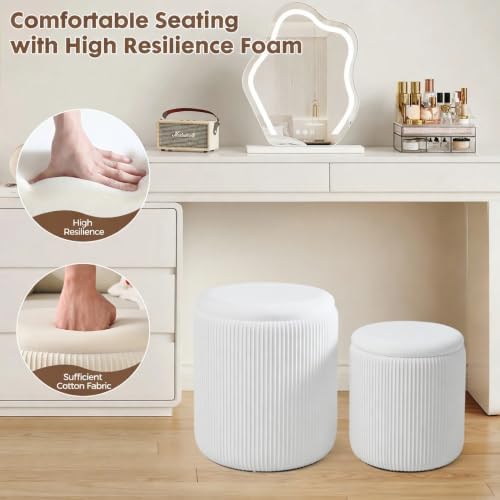 Round Ottoman with Storage Set of 2 White Vanity Stool with Tray