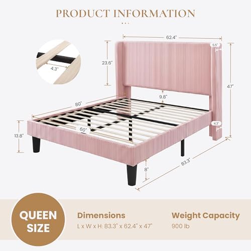 SHA CERLIN Queen Corduroy Platform Bed with Tufted Wingback Headboard, Pink
