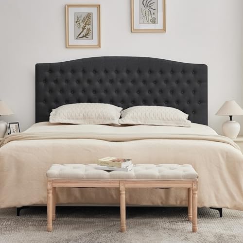 Tufted Tall King Size Headboard, Linen Button Diamond Headboards, Black