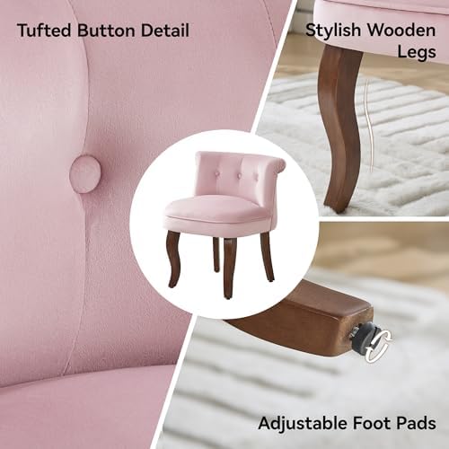 WUTUTUEE Velvet Vanity Chair with Back, Tufted Upholstered Vanity Stool with Solid Wood Legs, Mid Century Small Makeup Chair for Vanity, Accent Chair for Bedroom, Living Room, Pink