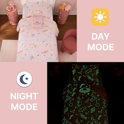 Twin Comforter Set for Girls-3 Pieces Pink Glow in the Dark Twin Bedding
