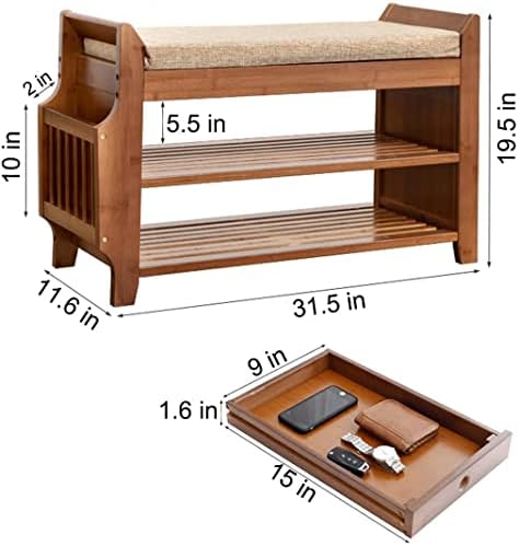 PETKABOO Shoe Bench with Hidden Drawer and Side Holder, 2 Tier Entryway Bench with Storage 31.5 in, Bamboo Shoe Rack with Cushion for Entryway Hallway Living Room Bedroom