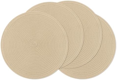 SHACOS 15 inch Round Braided Placemats Set of 4 Cotton Polyester Place Mats Washable Kitchen Dining Table Mats for Dinner Party Table Decor (Light Beige, 4)