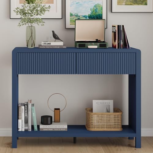 FATORRI Console Entryway Table with 2 Wood Fluted Drawers, 39.37" Blue