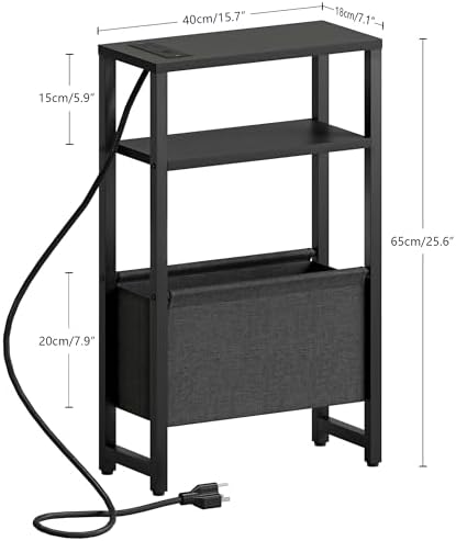 Narrow Side Table with Charging Station, Slim End Table with Magazine Rack, Bedside Table for Small Spaces, 3 Tier Sofa Couch Table Nightstand for Living Room, Bedroom, Black LET503BE