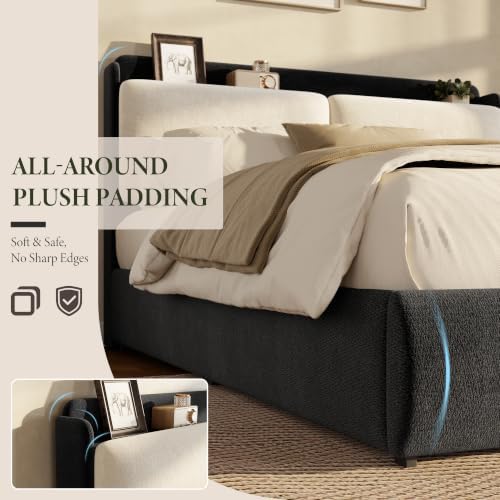 Garvee Queen Upholstered Bed Frame with Shelf & Drawers - Black & Beige