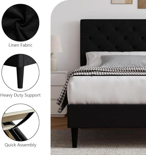 HOMBCK Queen Bed Frame with Adjustable Headboard, Black
