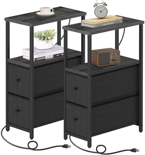 TUTOTAK Narrow End Table with Charging Station, Skinny Side Table