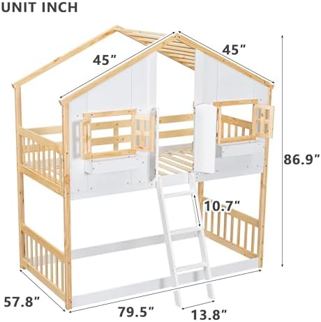 Twin Over Twin House Bunk Bed with Roof and Window, Natural White