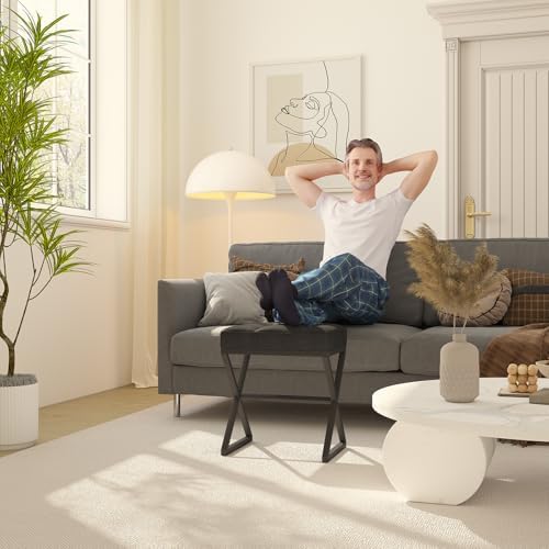 YMYNY Vanity Stool, Linen Footrest Stool, Ottoman Bench with X-Shaped Metal Legs, Makeup Dressing Stool for Vanity, Living Room, Bedroom, Entryway, Hallways 15.74" D×11.81" W×18.11" H Black UHBD033B