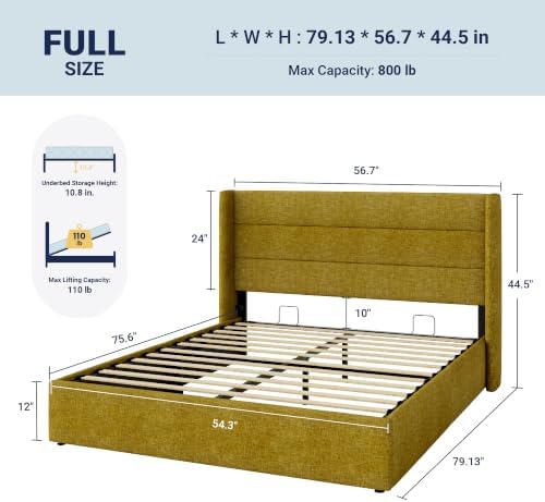 Allewie Full Size Lift Up Hydraulic Storage Bed Frame Olive Yellow