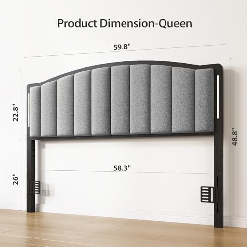 Upholstered Tufting Headboard for Queen Size Bed with Lights, Grey