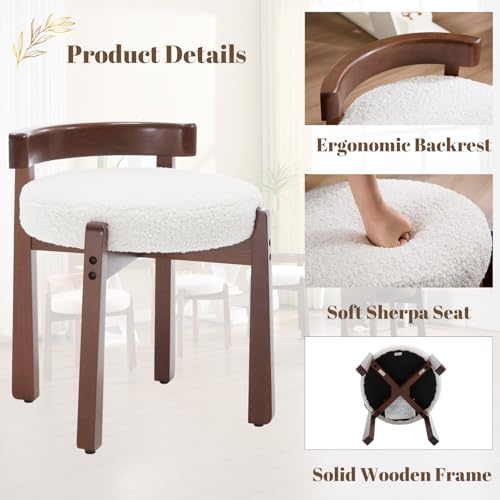 Ya-Home Modern Vanity Chair Upholstered Small Ottoman Footstool, Make Up Stool Sherpa Fabric with Backrest Wooden Frame for Living Room Bedrooms, 2PCS, White