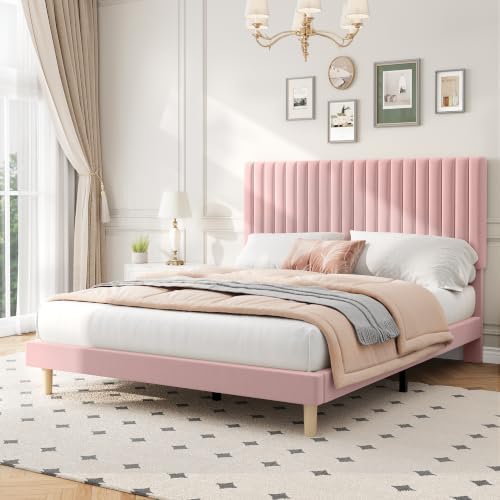 GAOMON Queen Bed Frame with Adjustable Headboard, Velvet Upholstered Platform Queen Size Bed Frame, Vertical Channel Tufted, Strong Wooden Slats, No Box Spring Needed, Easy Assembly, Pink