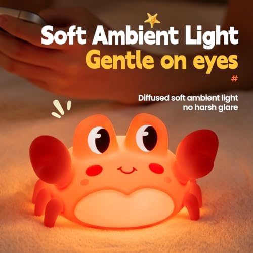 ATSUI Crab Night Light for Kids, Food Grade Silicone, Rechargeable, Tap Fun Kawaii Lamp for Kids Room, Adjustable Brightness, Cute Stuff for Boys Girls, Cute Gifts for Baby Children