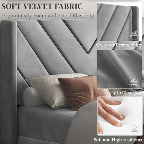Yaheetech Twin Bed Frame with Chevron Channel-Tufted Headboard, Light Gray