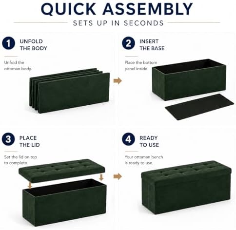ALASDO 43 Inch Folding Storage Ottoman Bench with Hidden Storage, Velvet Storage Ottoman Foot Rest Stool, End of Bed Bench for Bedroom, Living Room, Entryway and Closet, Dark Green
