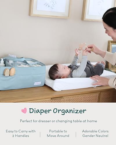 Baby Diaper Caddy Organizer, Wipeable Diaper Organizer Basket with 8 Pockets for Newborn Essentials, Nursery Tote Bag for Changing Table & Car Organization (Willow Green, Large)