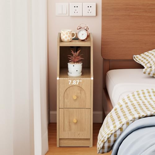 Ultra Narrow Nightstand Set of 2, Slim Bedside Table with Charging Station, 2 Drawers & Open Shelf, Mid-Century Modern End Table with Fenced Top for Living Room Bedroom (Natural, 2)