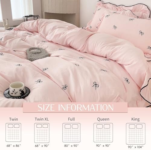 Cute Pink Duvet Cover Set Queen Size 3 Pcs with Bow,1 Duvet Cover with 2 Pillowcases,Washed Coquette Queen Bedding Set for Teen Girls,Zipper Ruffles Quilt Covers 90"×90"