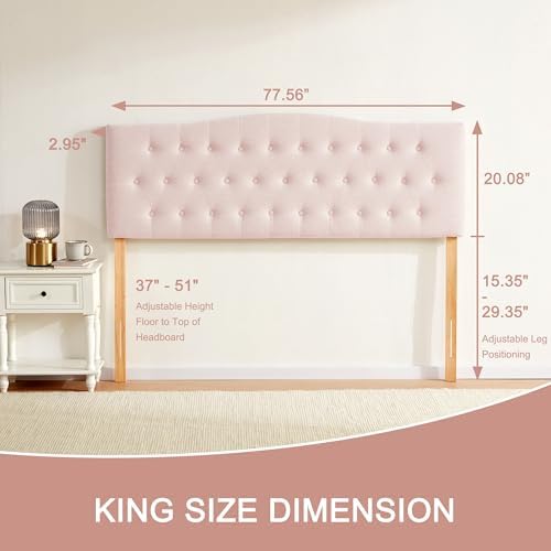 Tufted Headboard King Size, Solid Wood Adjustable Height Head Board, Pink