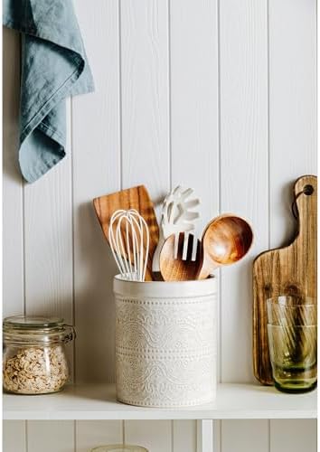 Kitchen Utensil Holder, 7 Inches Large Ceramic Utensil Holder for Countertop, Lace Emboss Cooking Utensil Crocks for Kitchen, Home Decor, Off-White