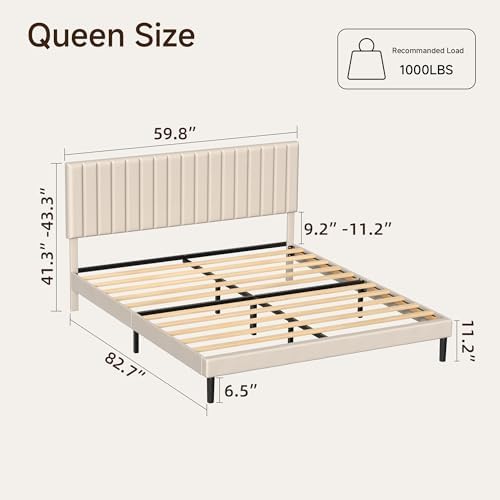 Queen Velvet Bed Frame with Vertical Channel Tufted Headboard Beige