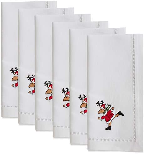 Handmade Running Reindeer Embroidery Napkin with Hemstitched Border (Set of 6)