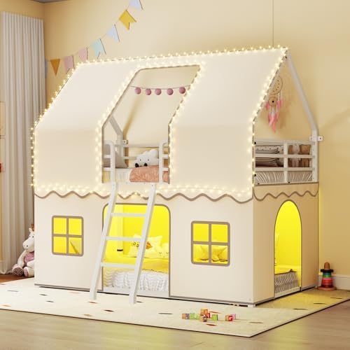 Girls Bunk Bed Twin Over Twin, House Loft Bed with LED Lights