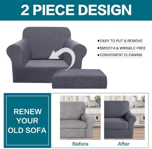 Turquoize 2 Piece Chair Covers Chair Slipcovers for Living Room Small Armchair Chair Cover with Arms Washable Furniture Cover for Chairs Feature Thick Jacquard Fabric (Small Armchair, Grey)