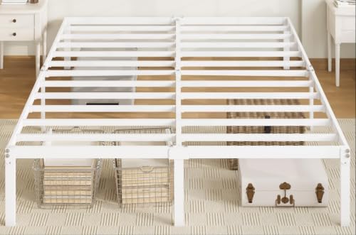 Allewie Full Size Bed Frame, 14 inch Metal Beds with Storage Space, White