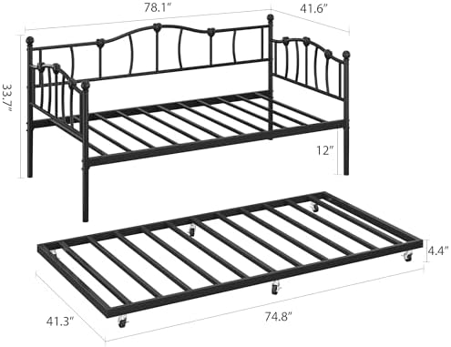 GarveeHome Twin Daybed with Trundle, Metal Sofa Bed Frame with Steel Slat Support, Twin Size Space-Saving Furniture for Living Room, Bedroom, Love Heart Design, No Box Spring Needed, Black