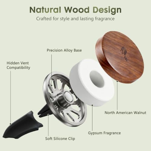 Car Air Freshener Wood Diffuser 2 Pack, Vent Clip Long Lasting Scent, Walnut Odor Eliminator Auto Accessories for Women Men, 4 Essential Oil Tablets (Grove, Ocean, Coconut and Linen)