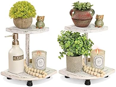 Tikea 2-Tier Wood Riser for Decor, Farmhouse Bathroom Corner Counter Shelf