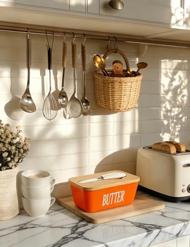 Ceramic Butter Dish with Lid and Knife Silicone Seal for Countertop Orange