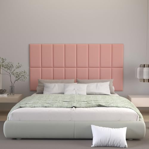 Peel and Stick Headboard - Pink Upholstered Wall Panels, 10 Panels Sized 7.8" x 15.7", 3D Anti-Collision Soundproof Self-Adhesive for Bedroom