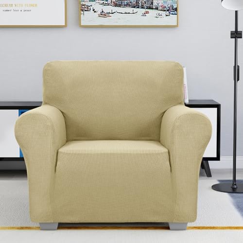 JIVINER Super Stretch Chair Sofa Slipcovers 1-Piece Jacquard Chair Covers for Living Room Soft Anti Slip 1 Seater Couch Furniture Protector Small Checks for Kids Pets (Chair, Champagne)