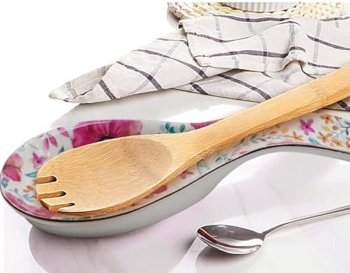 Ceramic Spoon Rest for Stove Top Kitchen Counter Large Spoon Holder Farmhouse Floral Flowers Print Coffee Spoon Cooking Utensil Tools Rest Modern Kitchen Decor