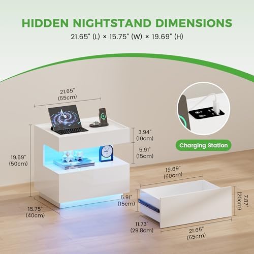 HNEBC White LED Nightstand with Gun Drawers&USB-C Port&Lights for Bedroom