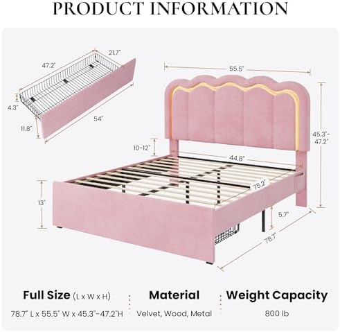 SHA CERLIN Full Size Bed Frame with LED Lights and Storage Drawer, Pink