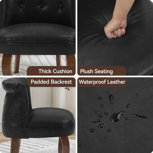 WUTUTUEE Leather Vanity Chair with Back, Tufted Upholstered Vanity Stool with Solid Wood Legs, Mid Century Small Makeup Chair for Vanity, Accent Chair for Bedroom, Living Room, Black