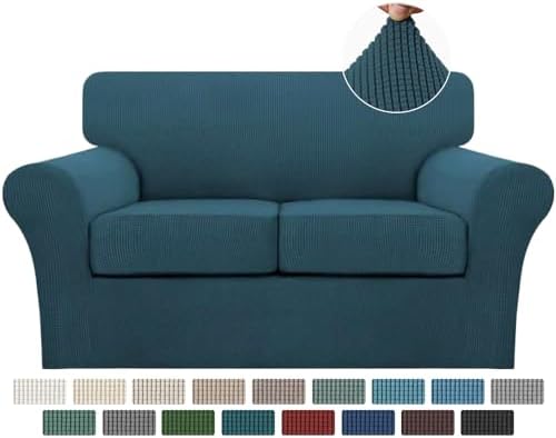 Turquoize 3 Piece Sofa Covers for 2 Cushion Couch Sofa Slipcover Soft Couch Cover for Dogs-Washable Sofa Furniture Covers with 2 Individual Cushion Covers, Thick Jacquard Fabric (Loveseat, Deep Teal)