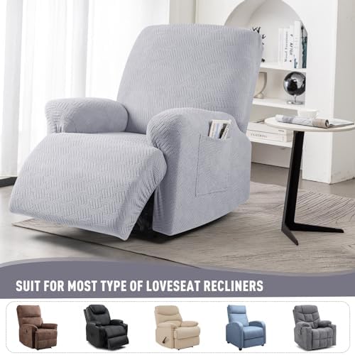 KinCam Recliner Covers, Stretch Reclining Chair Covers, Recliner Sofa Slipcovers Stripe Jacquard Recliner Couch Covers Furniture Protector Covers for Pet Kid (1 Seater, Silver Gray)