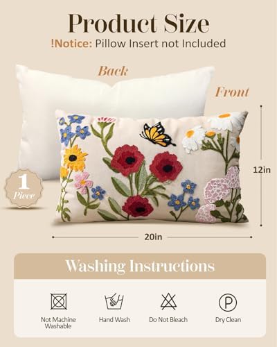 Embroidered Lumbar Pillow Cover 20x12 Inch, Retro Flower